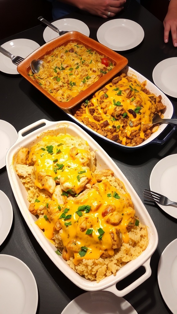 Two hearty casseroles on a table, one chicken and rice, the other beef and bean enchiladas, ready for serving.
